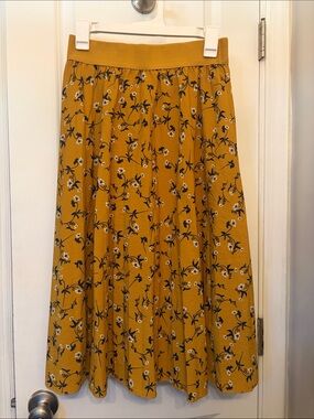 Mustard Floral Midi Skirt with Elastic Waist